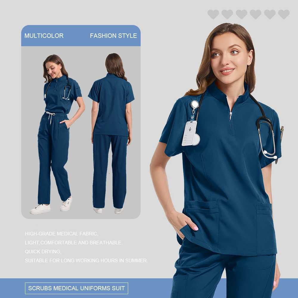 Spa Uniform Scrubs Women Breathable Soft Short Sleeved Top Joggers Pants Zipper Collar Beauty Salon Nail Technician Work Uniform Z250718