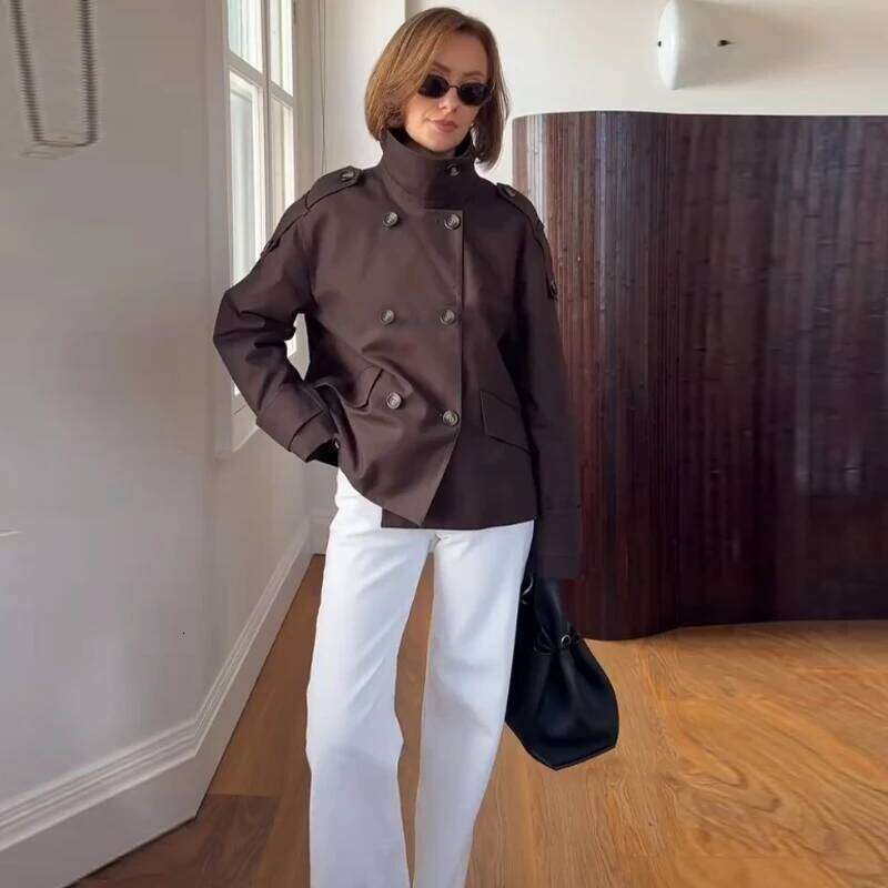 Vintage Double Breasted Trend Coat Women Commute Elegant Loose Long Sleeve Top Jacket Spring Street Stand Collar Outwear