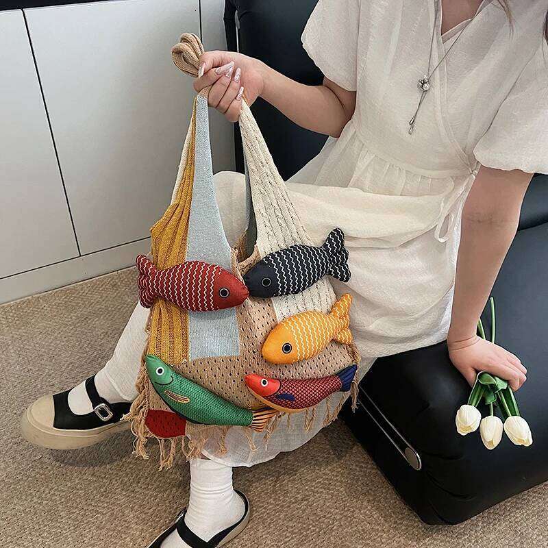 Cute Little Fish Relaxed Knitted Summer New Commuter Versatile Shoulder Contrasting Cut Out Tote Bag
