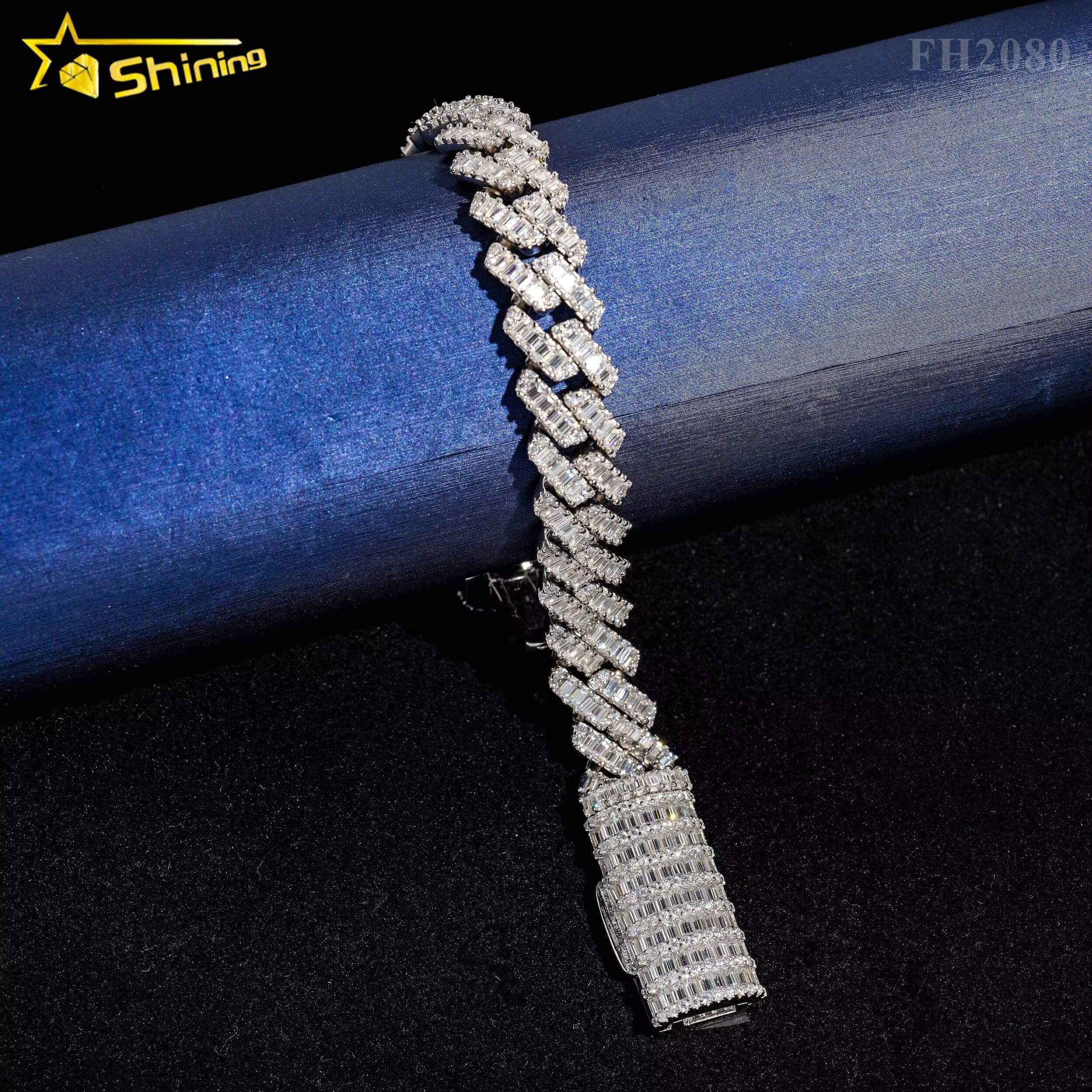 High Quality Luxury Bling Baguette Diamond 12MM 925 Sterling Silver Cuban Link Chain Moissanite Cuban Bracelet