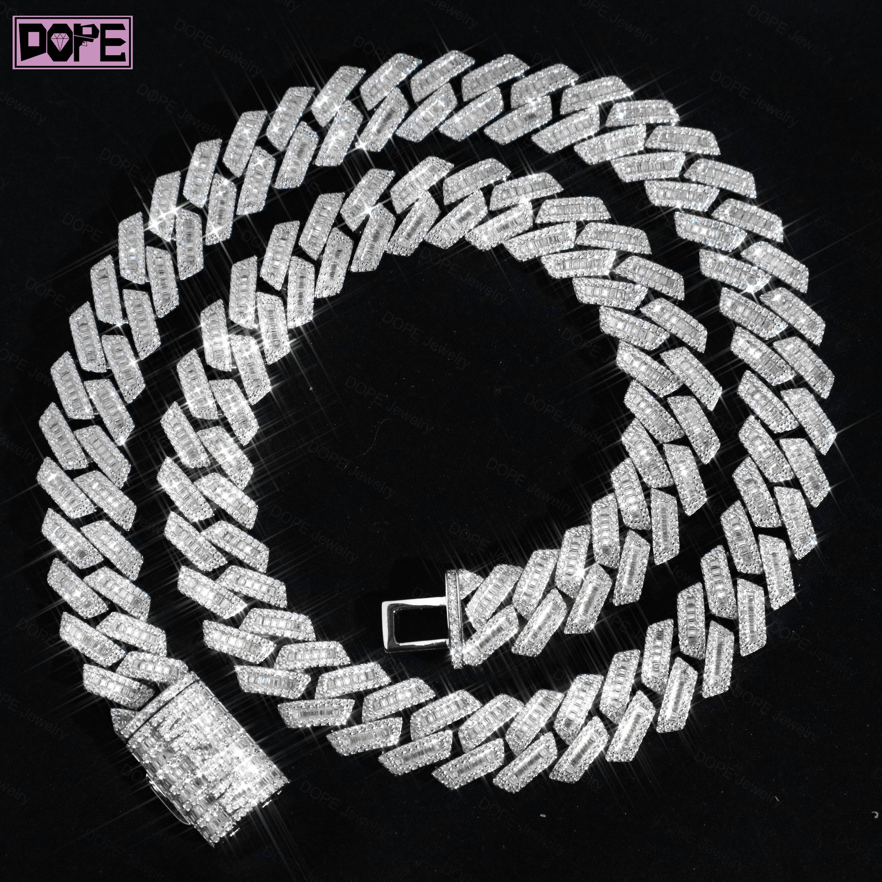 GRA Certified 15mm Moissanite Chain Iced Out Clasp VVS 925 Silver Rhodium Plated Moissanite Cuban Chain