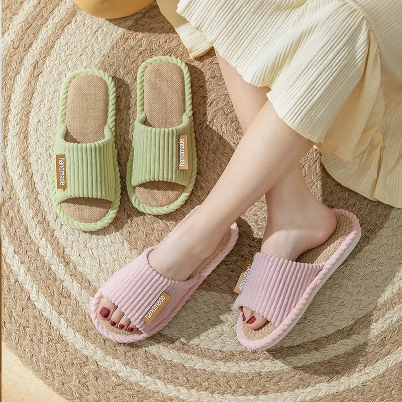 Striped Slippers Women Autumn Home Linen Flip Flops Couples Indoor House Non Slip Sandals Guest Shoes Male Flat Flax Sneaker 250717