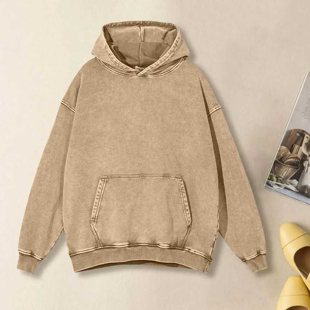 Fall Spring Unisex Hoodie Big Pocket Hooded Loose Distressed Washed Elastic Cuffs And Hem Sloping Shoulder Solid Color Loose Sportswear XJ250717