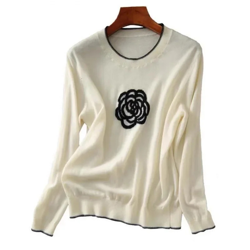 Womens Romantic Knitted Pullover Top Flower Simple Colorful Craft Work Sweater Girlish Casual Loose Fit Blouse 250718