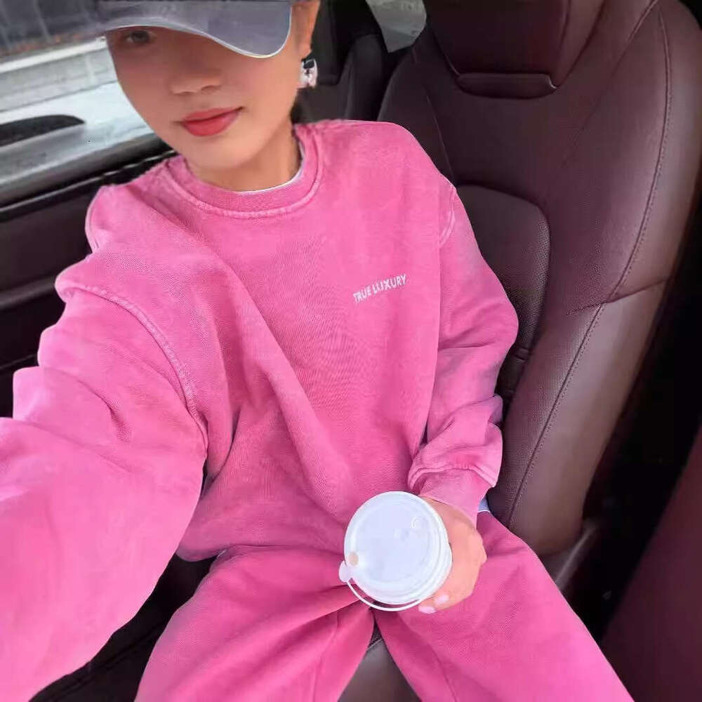 25 Autumn Winter New Pure Cotton Printed Vintage Top + Pants Simple Letter Loose Knitted Sweatshirt Set B5