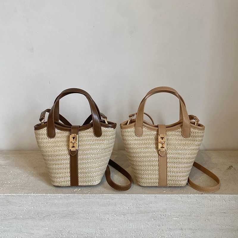 Women Small Basket Bag PU Leather Straw Weaving Handbag Summer Travel Bag Female Shoulder Cross Body Bag Short Handle Bag Z250718