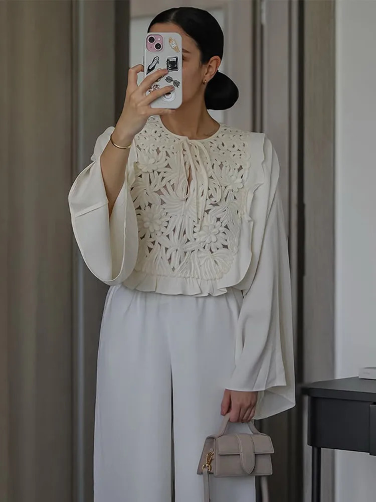 Retro Crochet Patchwork Mini Skirt Suits Women Chic O Neck Long Sleeve Lace Up Shirts Set Lady Summer High Street Outwear 2025 250715