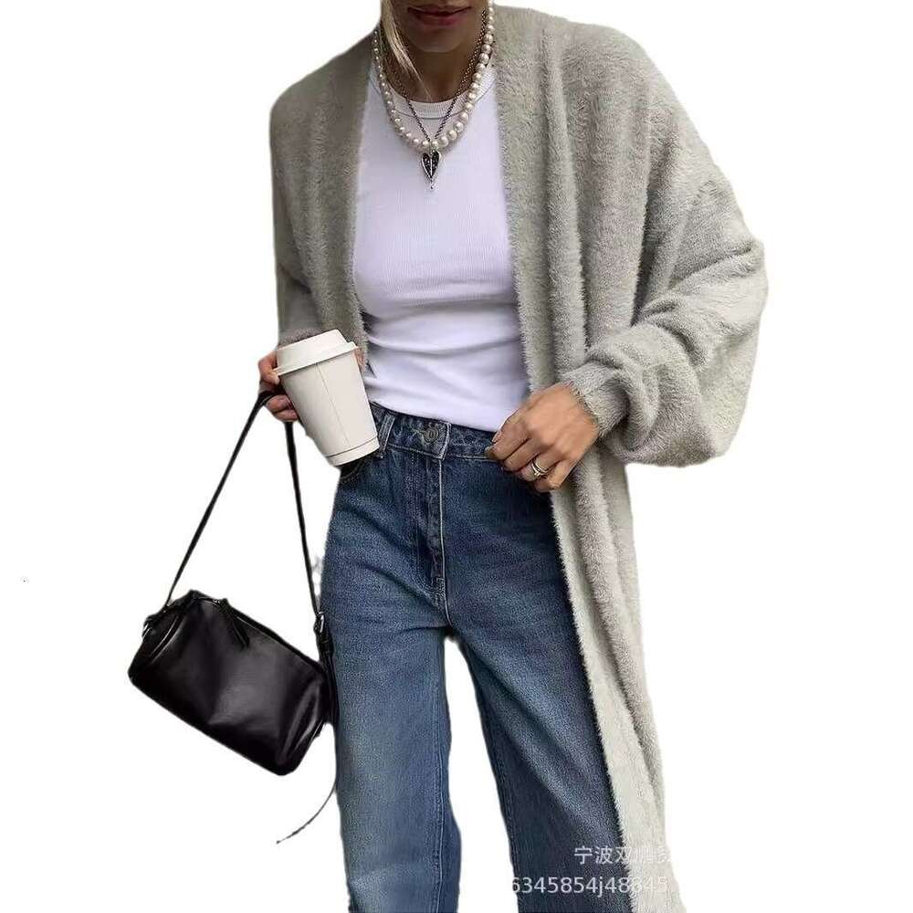 Autumn Winter New Long Faux Mink Cardigan Women's Lazy Style Knitted Sweater With Belt B5