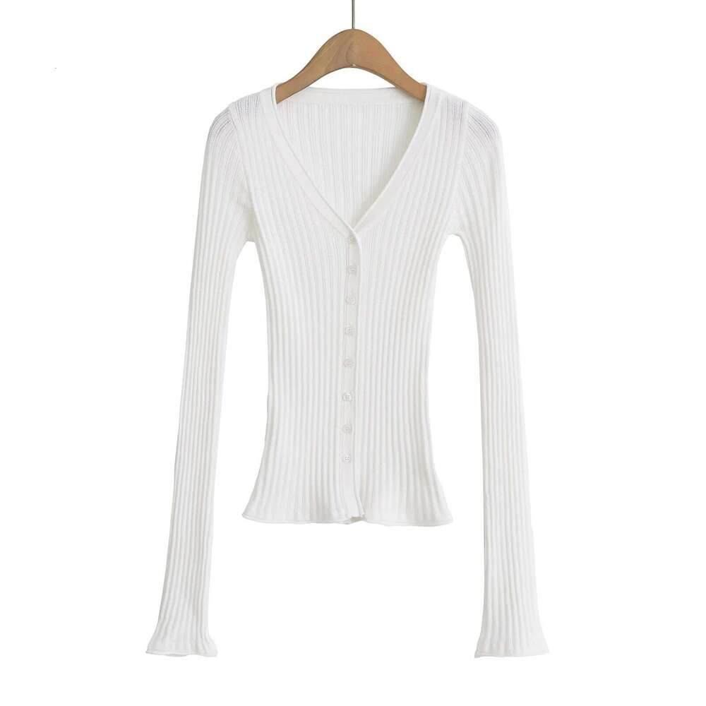 V-Neck Elegant Design Knitted Cardigan For Women Slim Fit Thin Base Shirt Early Autumn Top B5 g5