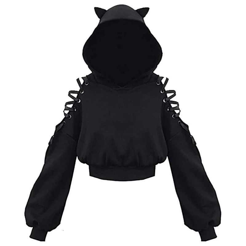 2K Gothic Womens Hoodie Cat Ear Crop Top Hooded Sweatshirt Hollow Out Lace Up Long Sleeve Hooded Casual Pullover Autumn XJ250717
