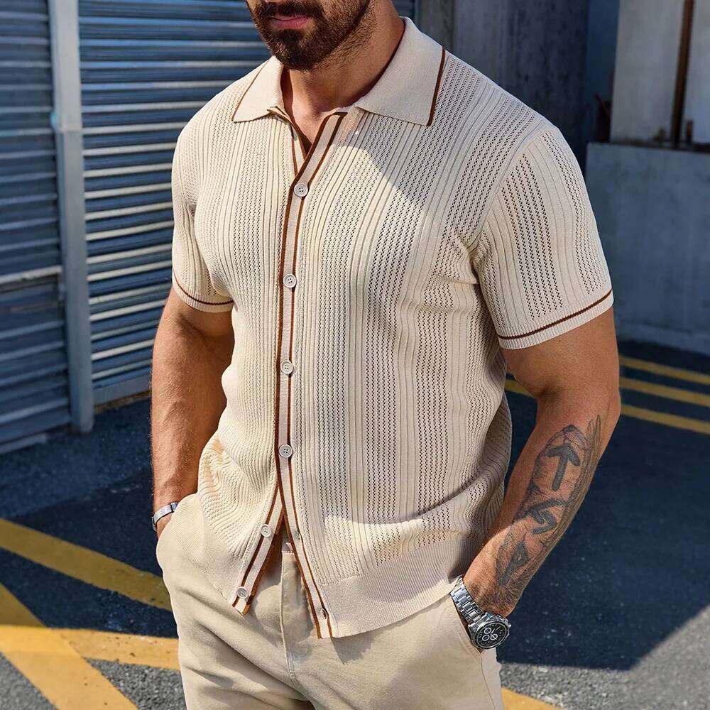 Slavinson Men's Short Sleeve Summer Fashion Retro Knit Lapel Top Solid Color Soft Breathable Light Polo Knitwear Men US Size