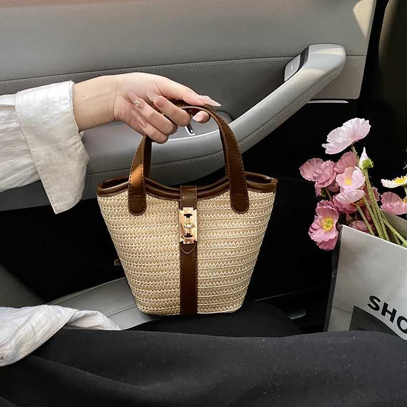 Women Small Basket Bag PU Leather Straw Weaving Handbag Summer Travel Bag Female Shoulder Cross Body Bag Short Handle Bag Z250718