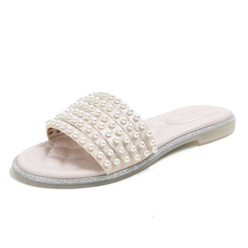 2025 Summer New Pearl Strap Flat Slippers Women, Suitable Daily Home and Outdoor Wear, Fashionable Single Shoes for Women