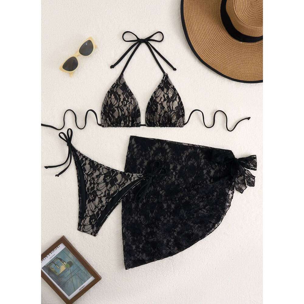 2025 new lace strap bikini three-piece set women's beach swimsuit