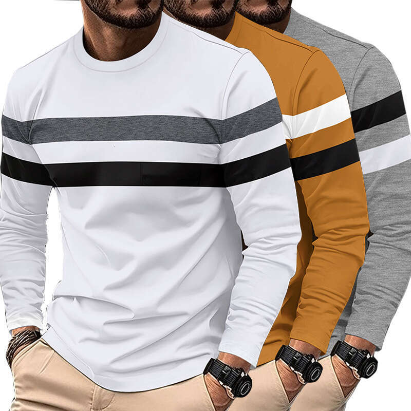Spring And Autumn Men's Long Sleeve New Color Block T-Shirt Trendy Casual Sports Outerwear Crew Neck Base Shirt Top B5
