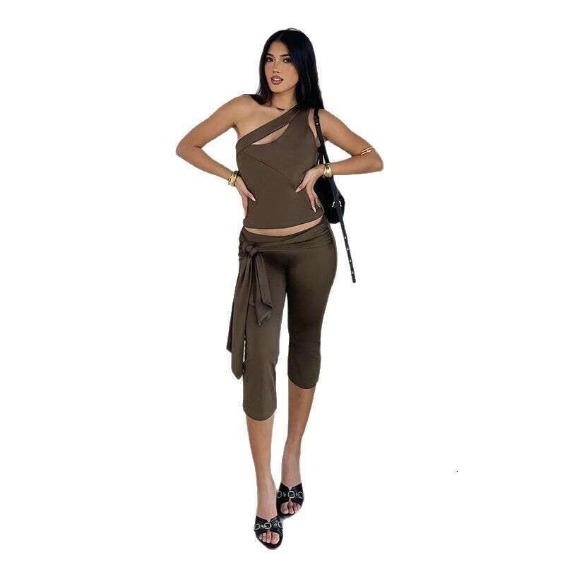 Fashionable Casual Shoulder Mid-Pants Sleeveless Asymmetrical Neck Top Tie-Up Breeches Two-Piece Set B5 g5