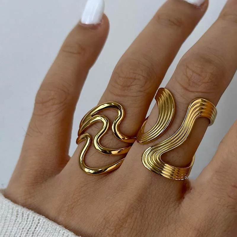 Stainless Steel Irregular Wave Rings for Women Men Creative Gold Color Adjustable Opening Female Statement Jewelry Gifts 250716