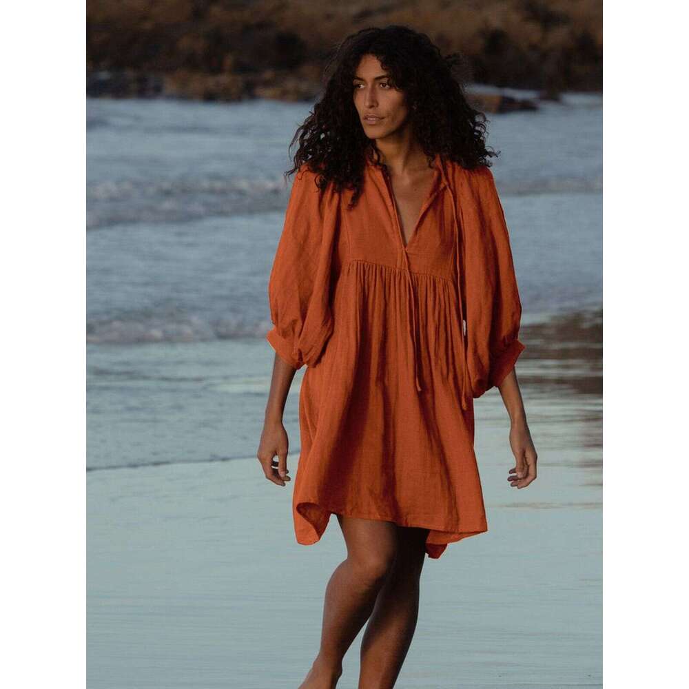 Fashion Summer Women's Solid Color Plus Size Loose Lantern Sleeve Casual Elegant Versatile Dress B5