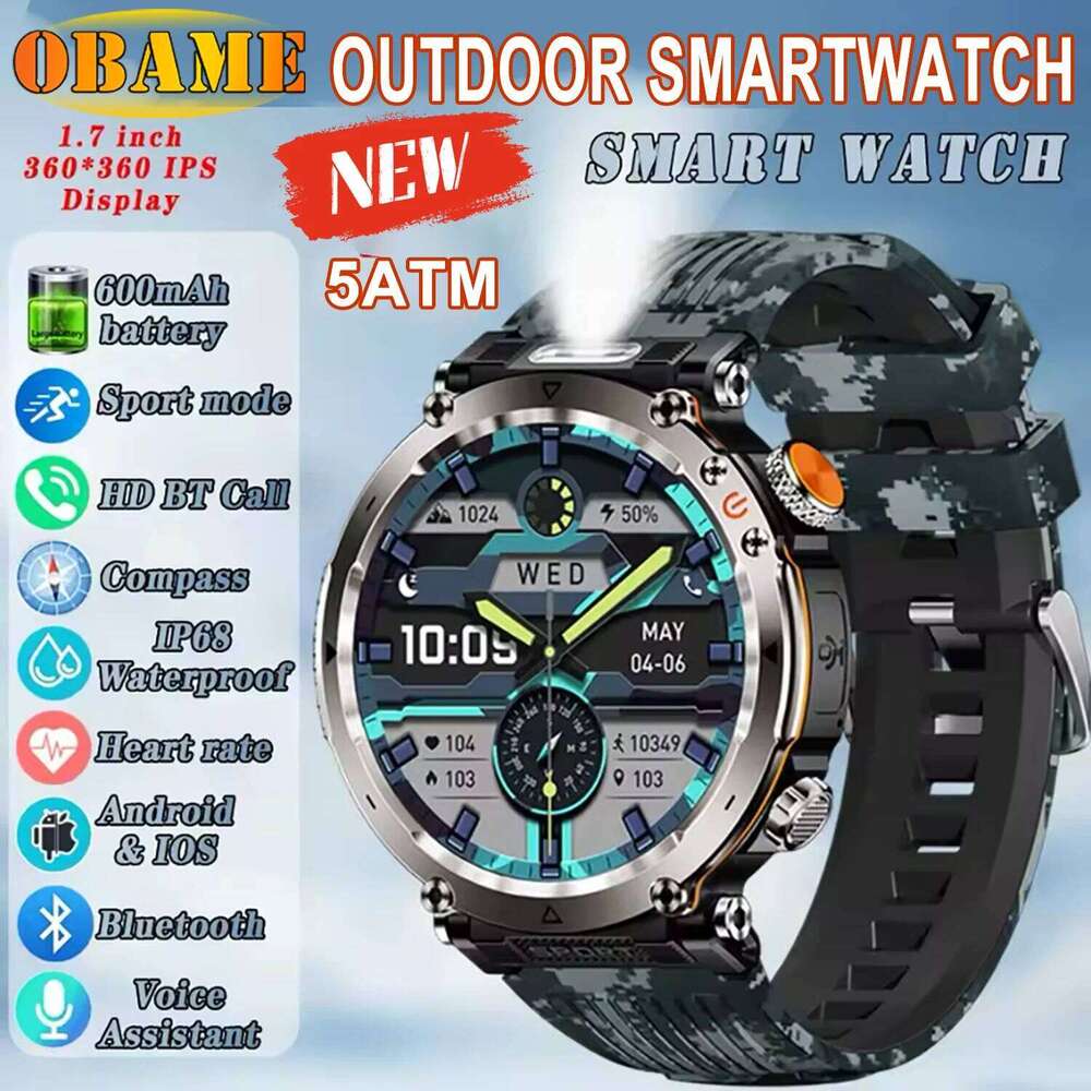 5ATM Waterproof Smart Watch Men 600mAh Outdoor SmartWatch GPS Compass Heart rate LED Flashlight Bluetooth Call Sports Smartwatch free shipping