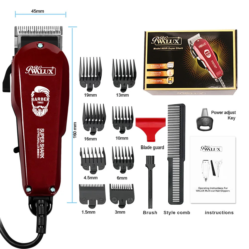 WALUX Professional AC220240V Hair Clipper 10W Powerful Trimmer Home Man Shaver 2M Cable Cutting Machine 8 Guard Combs 250716