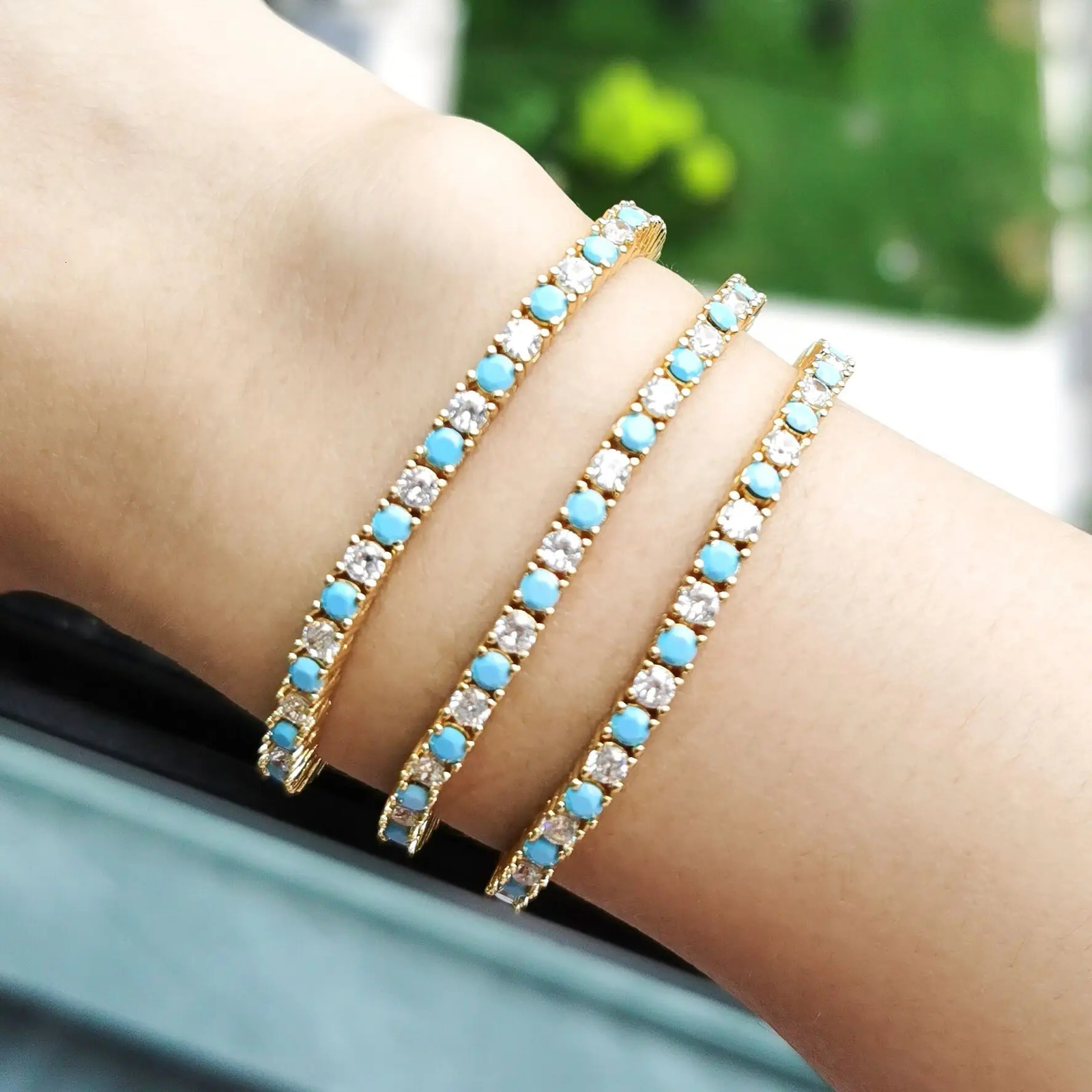 Mix White Turquoises Round 3MM CZ Prong Set Tennis Chain Bracelet Gold Color Fashion High Quality Women Jewelry 250717
