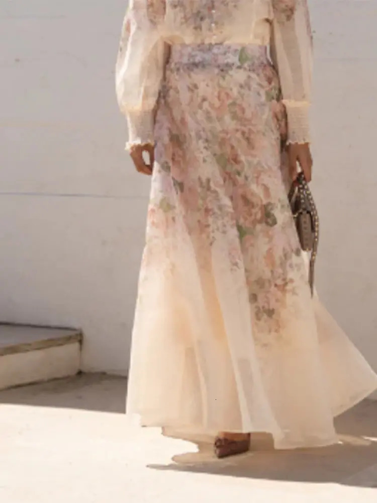 Elegant Womens Floral Maxi Skirt Set Chiffon 2 Piece Suit LongSleeve HighNeck Top Matching Skirts Summer Streetwear 250714