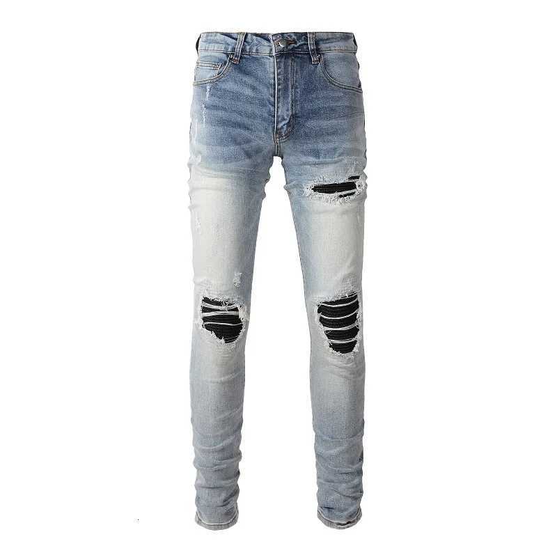 Men Leather Patches Denim Jeans Streetwear Ripped Holes High Stretch Pants Light Blue Skinny Tapered Trousers X250718