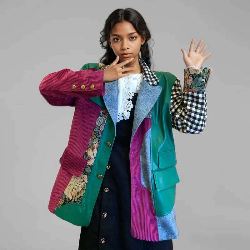 WTHT Fashion Women's Irregular Patchwork Plaid Design Blazer 2024 Winter Trendy Lapel Long Sleeves Jacket Female 1Ls574