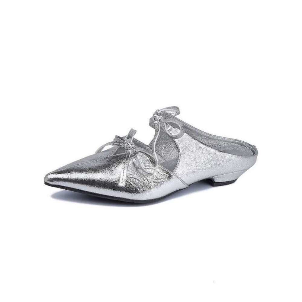 Designer French Style Single Shoes for Women with Bowknot, Double Row, One-Strap, Pointed Toe, Backless Half-Slip Mules