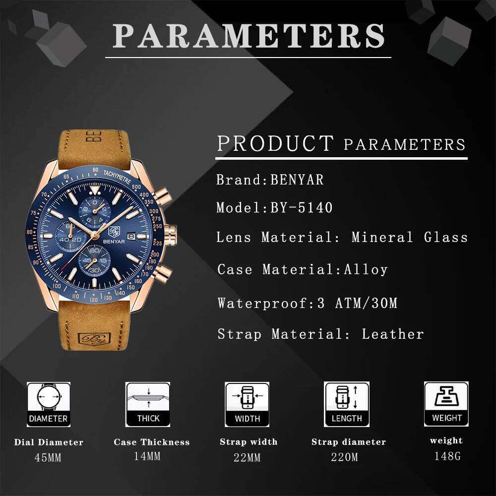 BENYAR Casual Sports Watch Waterproof Quartz Watches Top Brand Leather Military Chronograph Men Clock Relogio