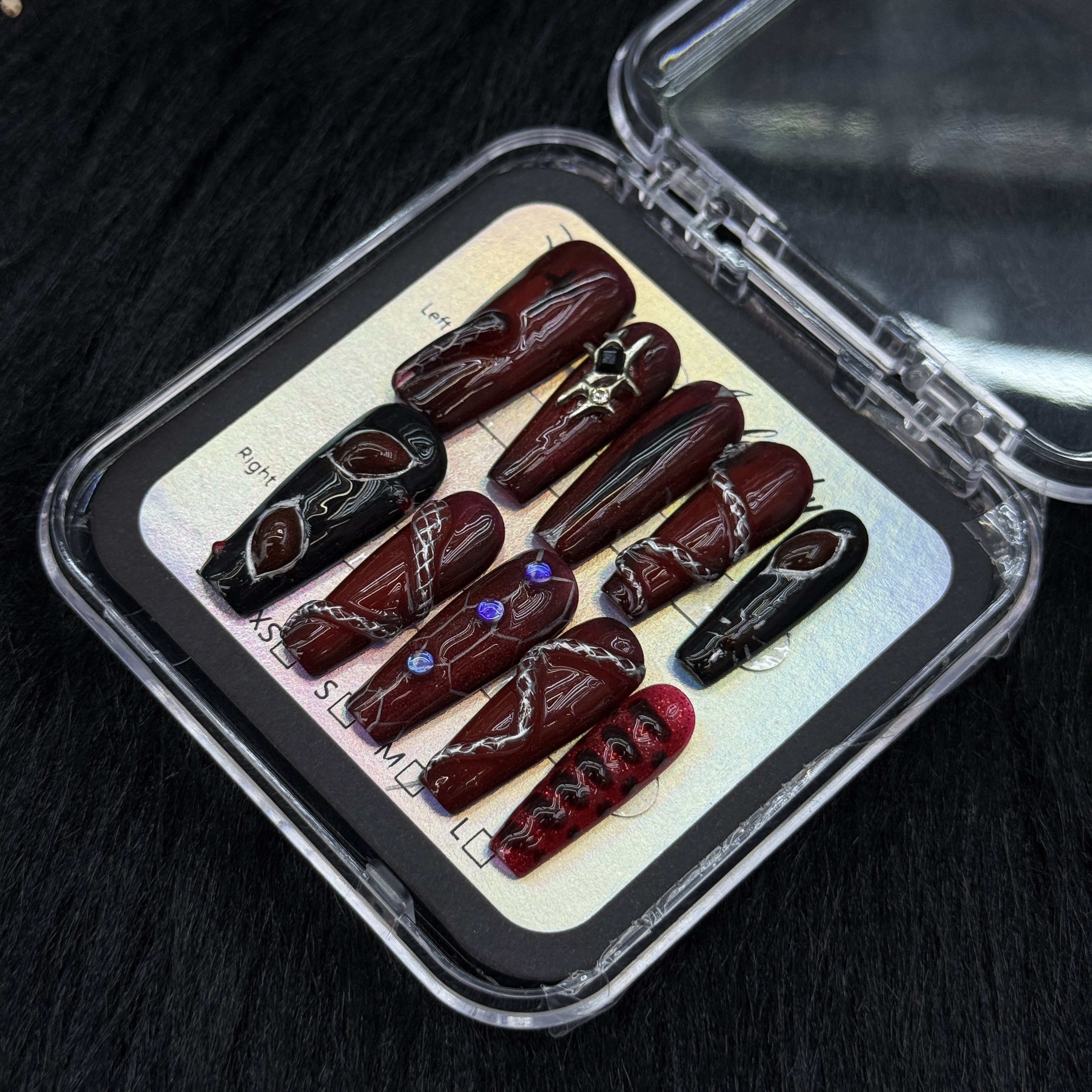 False Nails 10pcs Long Coffin Dark Red Black Gradient Punk Gothic Nail Art with Chain Lines Rhinestones Full Cover Press On DIY Handmade press on nail