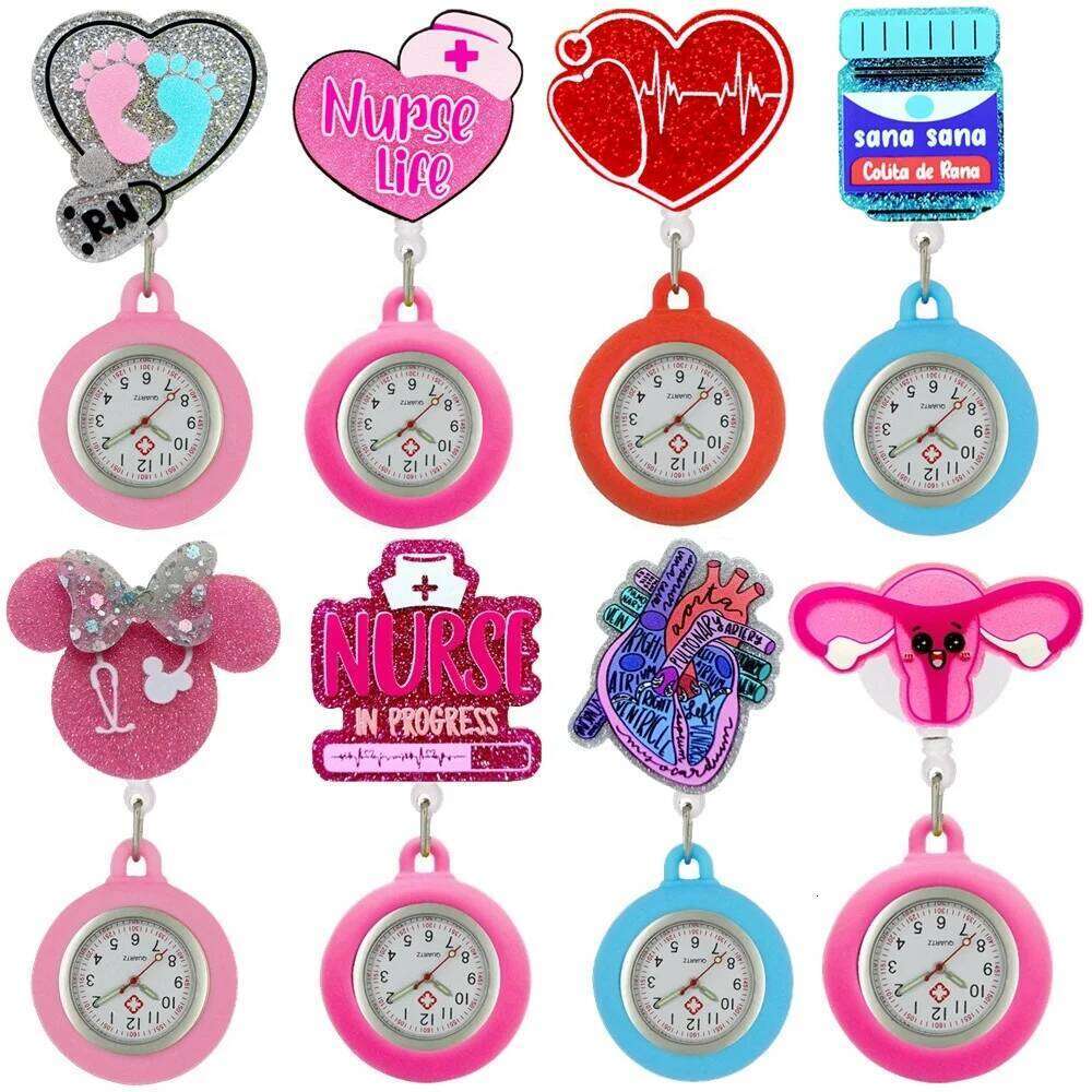 free shipping Hospital Health Care Shiny Heart Medical Icons Cartoon Lovely Nurse Doctor Clip Pocket Watches Hang Clock Gift Watch f