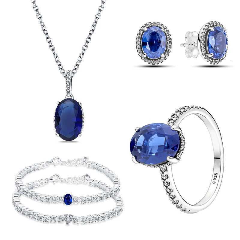 925 Silver Color Crystal Necklace Jewelry Set for Women Fashion Blue Zircon Chain Necklace Bangle Wedding Bridal Jewelry X250718