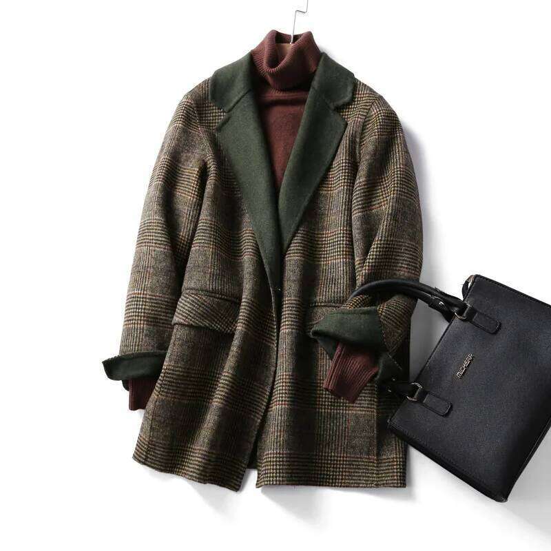 Handmade Sewn Double-Sided Woolen Blazer Women Spring Autumn Plaid Wool Overcoat Office Lady Casual Suit Coat Thick Jacket MDNG