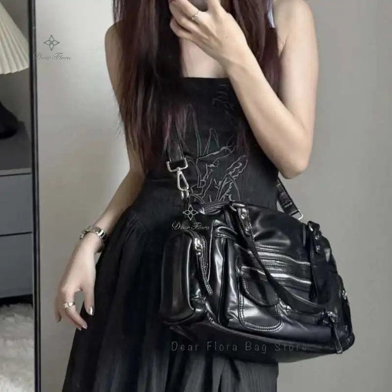 Y2k Women Black Vintage Shoulder Bags Punk Gothic Crossbody Bag Multi Pocket Handbags PU Leather Fashion Large Capacity Tote Bag 250715