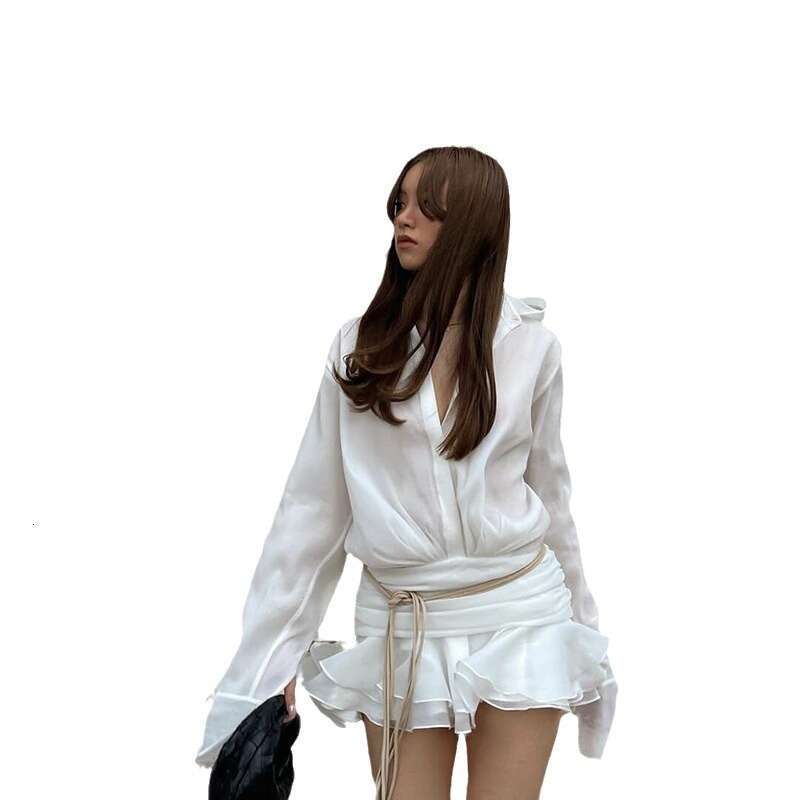 French Style High-End Ruffled White V-Neck Slimming Shirt For Women Spring Fairy Hot Girl Dress B5