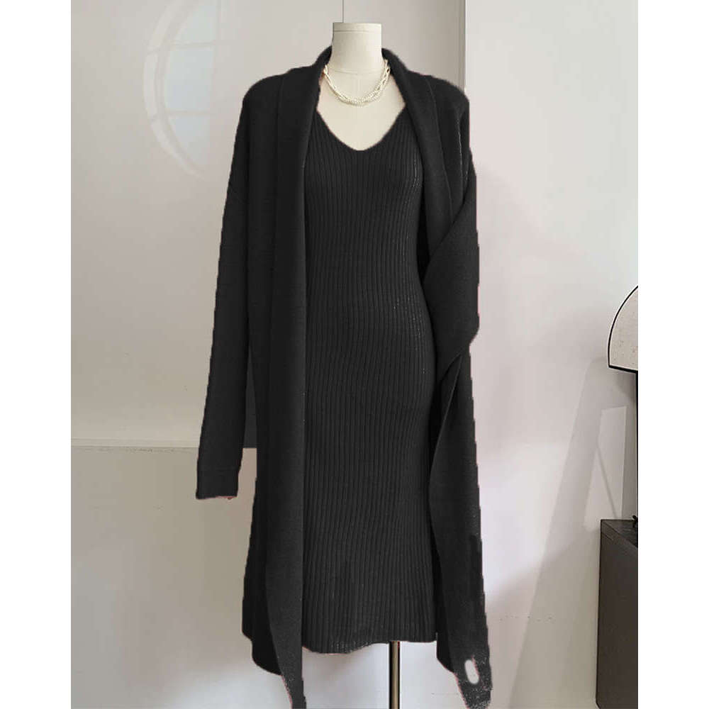 New Solid Color V-Neck Pullover Dress + Sweater Cardigan Elegant Knitted Set B5