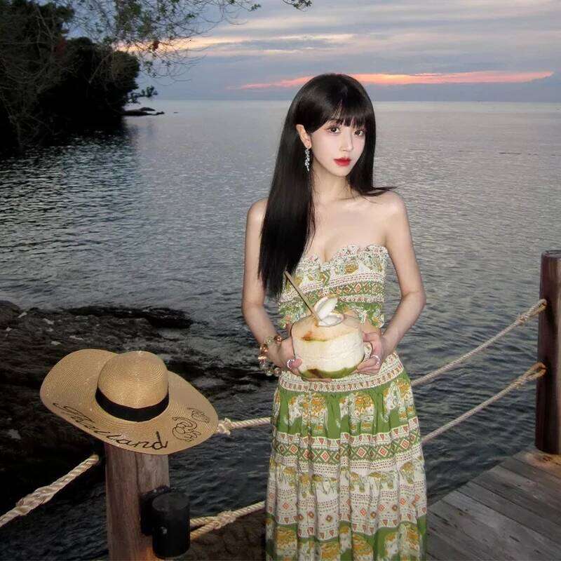 Bohemian Beach Set Handmade Print Wrap Skirt Crochet Top Strapless Swimsuit Thailand Vacation Summer Resort Wear