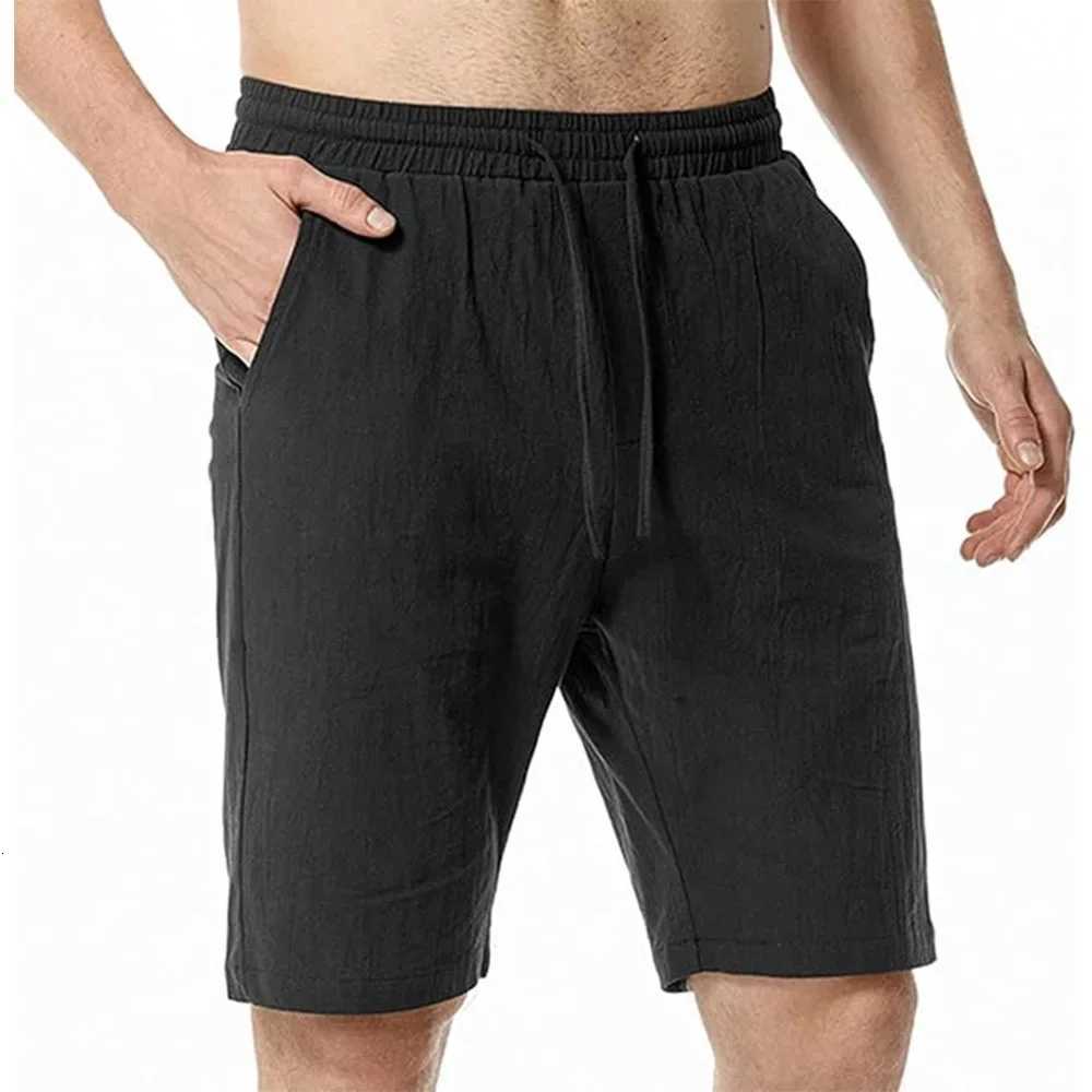 Mens Elastic Waist Solid Color Hawaiian Shorts Casual Cotton Linen Short Pants Men Shorts Breathable Sweatpants Male Bottoms W250718