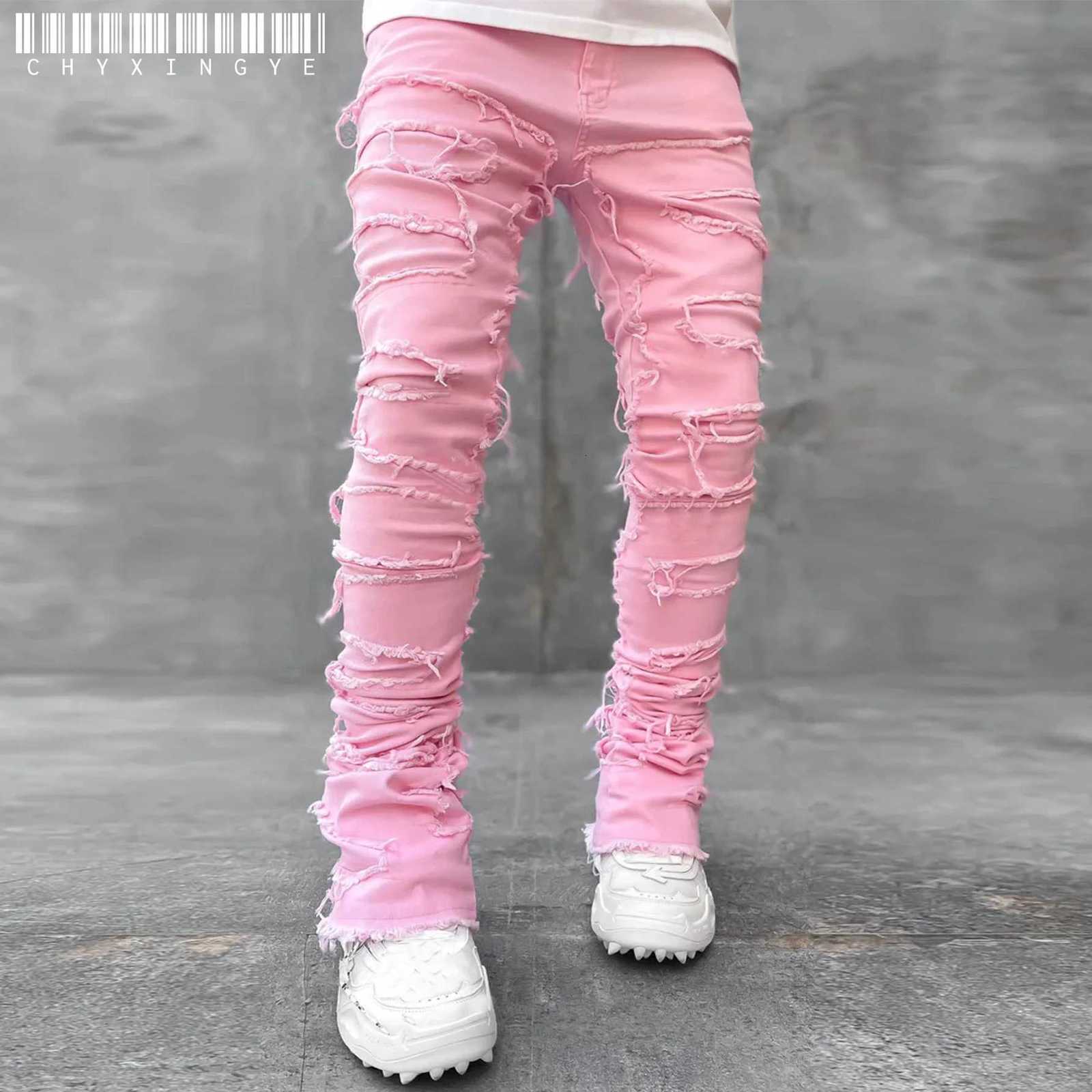 2025 New Mens Stacked Jeans Stretched Patchwork Tassel Damaged Denim Full Length Pants Hip-hop Trousers For Men X250718