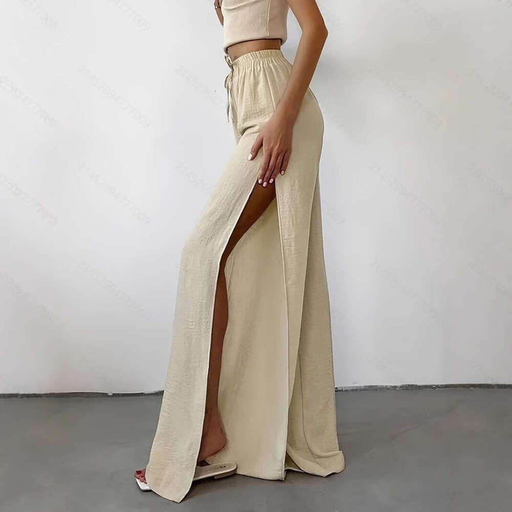 New Style Apricot Wide-Leg Side Slit Design Women's Casual Pants B5