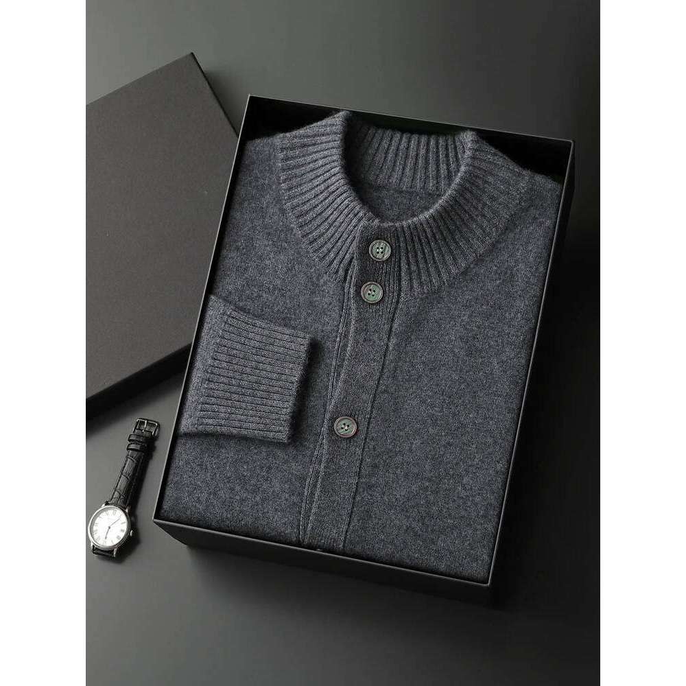 High Quality Men 100% Sweater Autumn Winter Thick Buttons Cardigan Mock-Neck Smart Casual Coat Warm Cashmere Knitwear