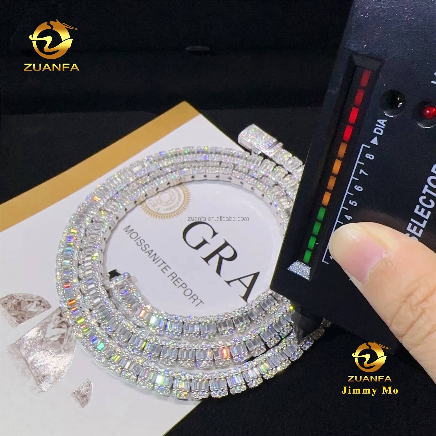 New Design Hip Hop Style Jewelry Iced Out 925 Solid Silver Rhodium Plated 8mm Baguette Moissanite Diamond Cluster Tennis Chain