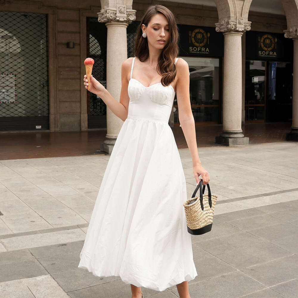 Strap Balloon Summer Waist-Cinching Puff Sleeve Large Swing Pure Cotton Dress For Women B5