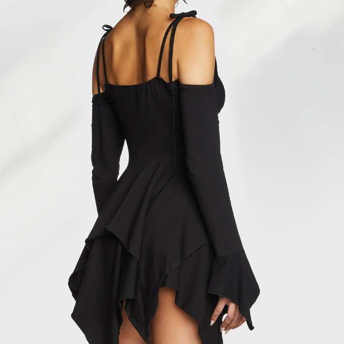 Gothic Style Milk Silk Women's Patchwork Off-Shoulder Long Sleeves High Waist Strap Dress With Ruffles B5