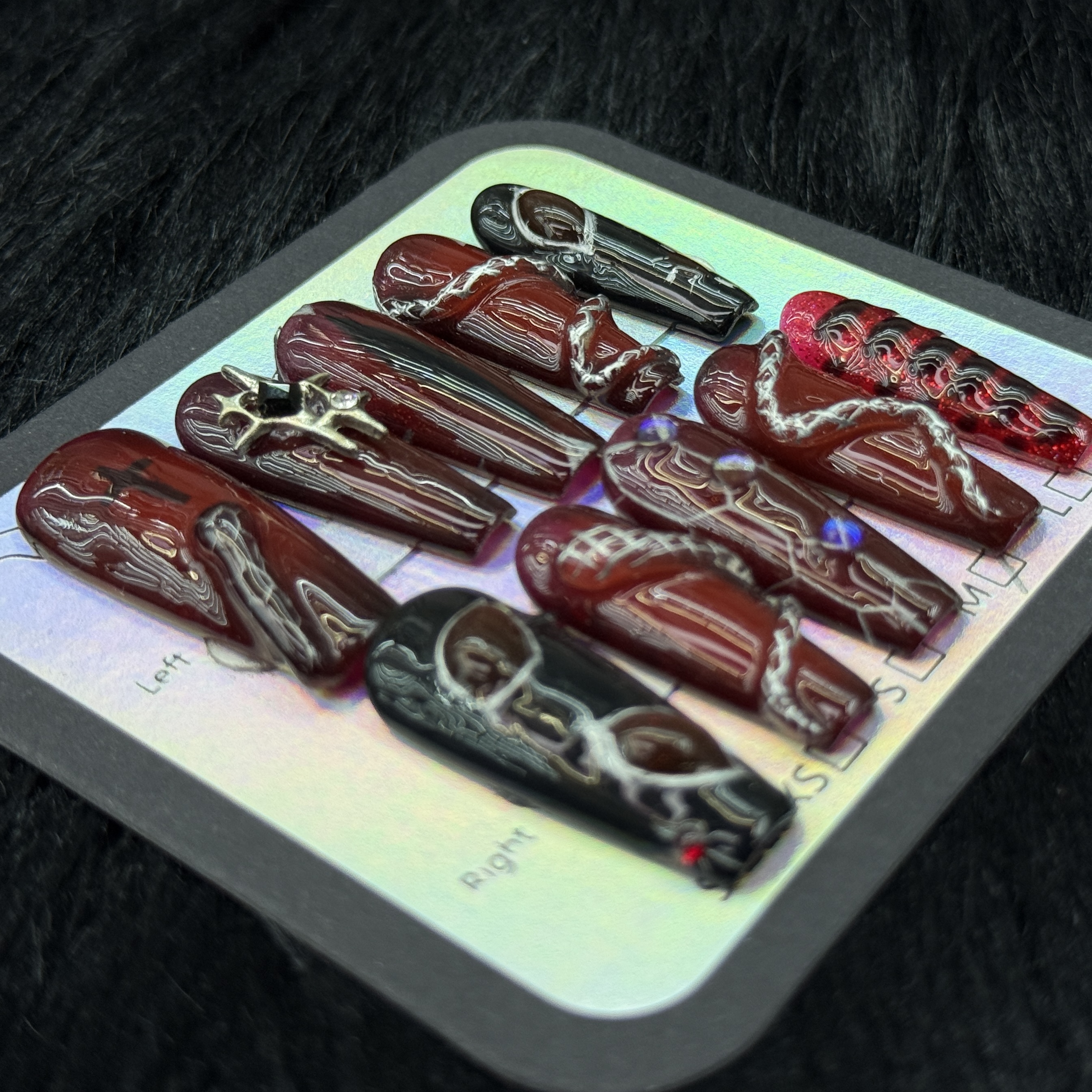 False Nails 10pcs Long Coffin Dark Red Black Gradient Punk Gothic Nail Art with Chain Lines Rhinestones Full Cover Press On DIY Handmade press on nail