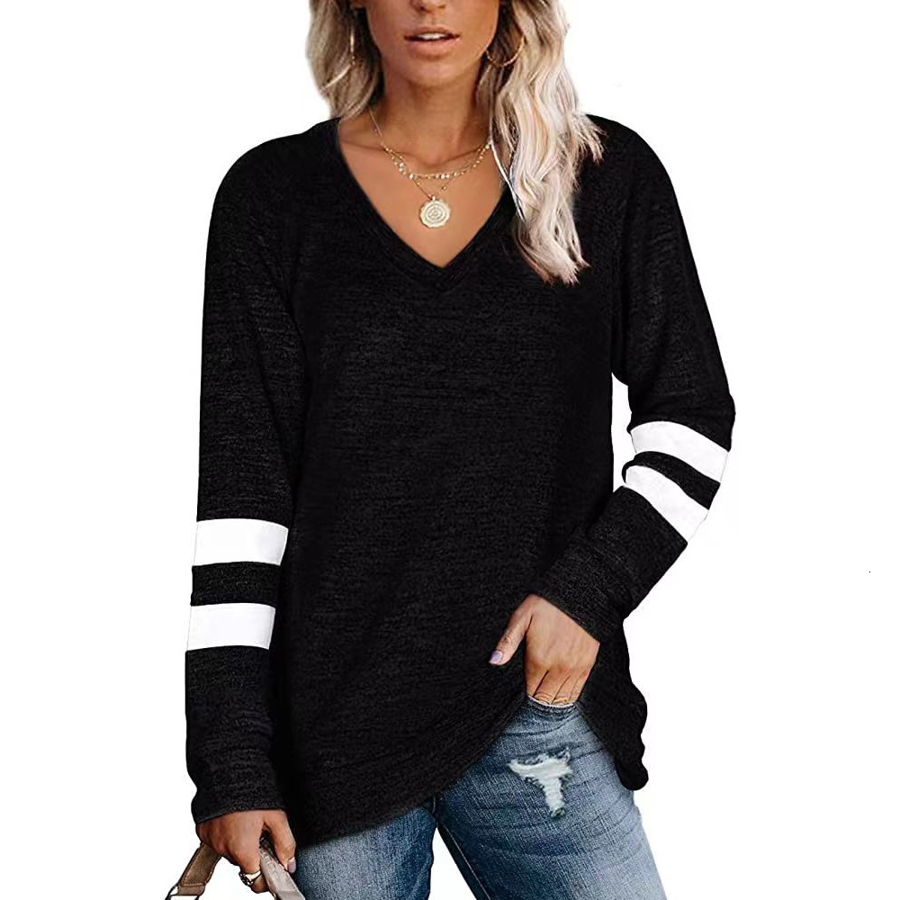 Women's Clothing Ladies Long Sleeve Contrast Color Stitching V-Neck loose Casual T-Shirt Top