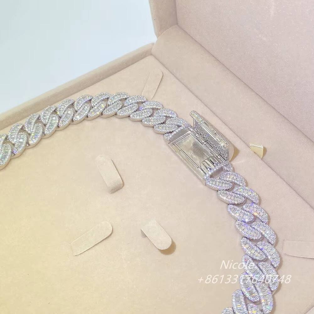 925 Sterling Silver Hip Hop baguette Moissanite Heavy Chain Miami Cuban Link Mens Bracelet 10k 18mm Cuban Link Chain