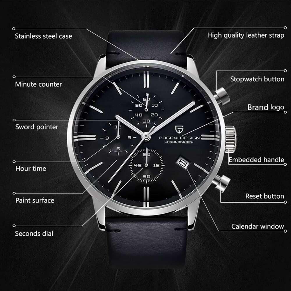 PAGANI DESIGN Top Brand Leather Sports Quartz Men's Automatic Date Watch Waterproof Chronograph VK67 Reloj Hombre free shipping
