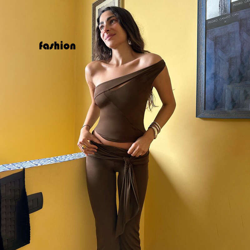 Fashionable Casual Shoulder Mid-Pants Sleeveless Asymmetrical Neck Top Tie-Up Breeches Two-Piece Set B5 g5